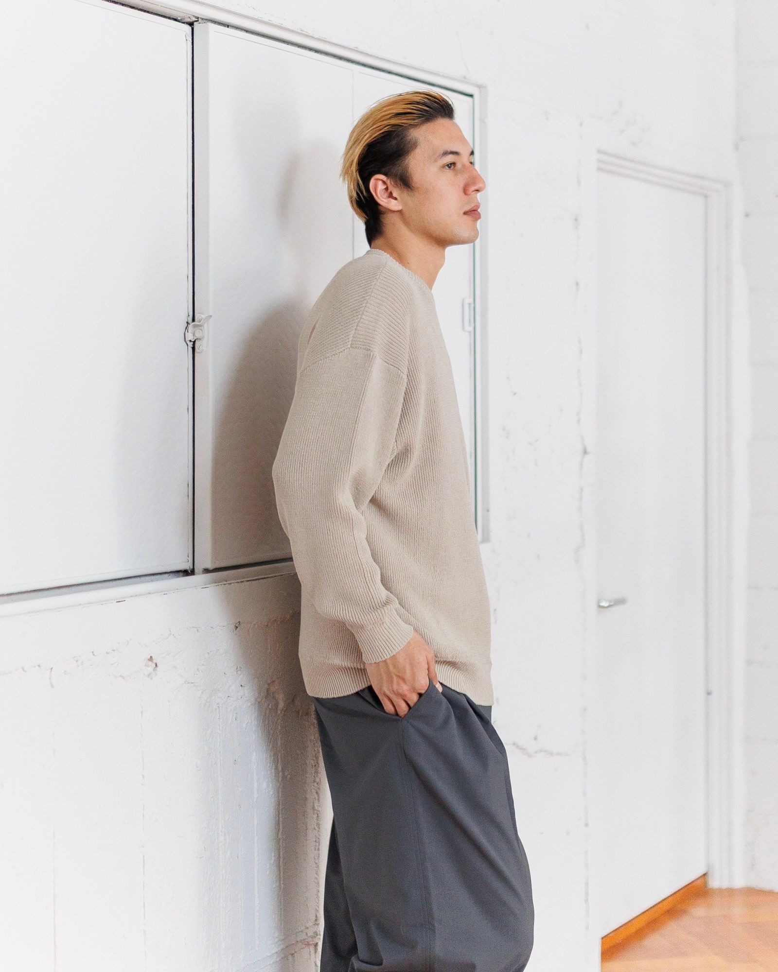 グラフペーパー 25SS Linen Solotex Loose Rib Crew Neck(GU251-80119)BEIGE