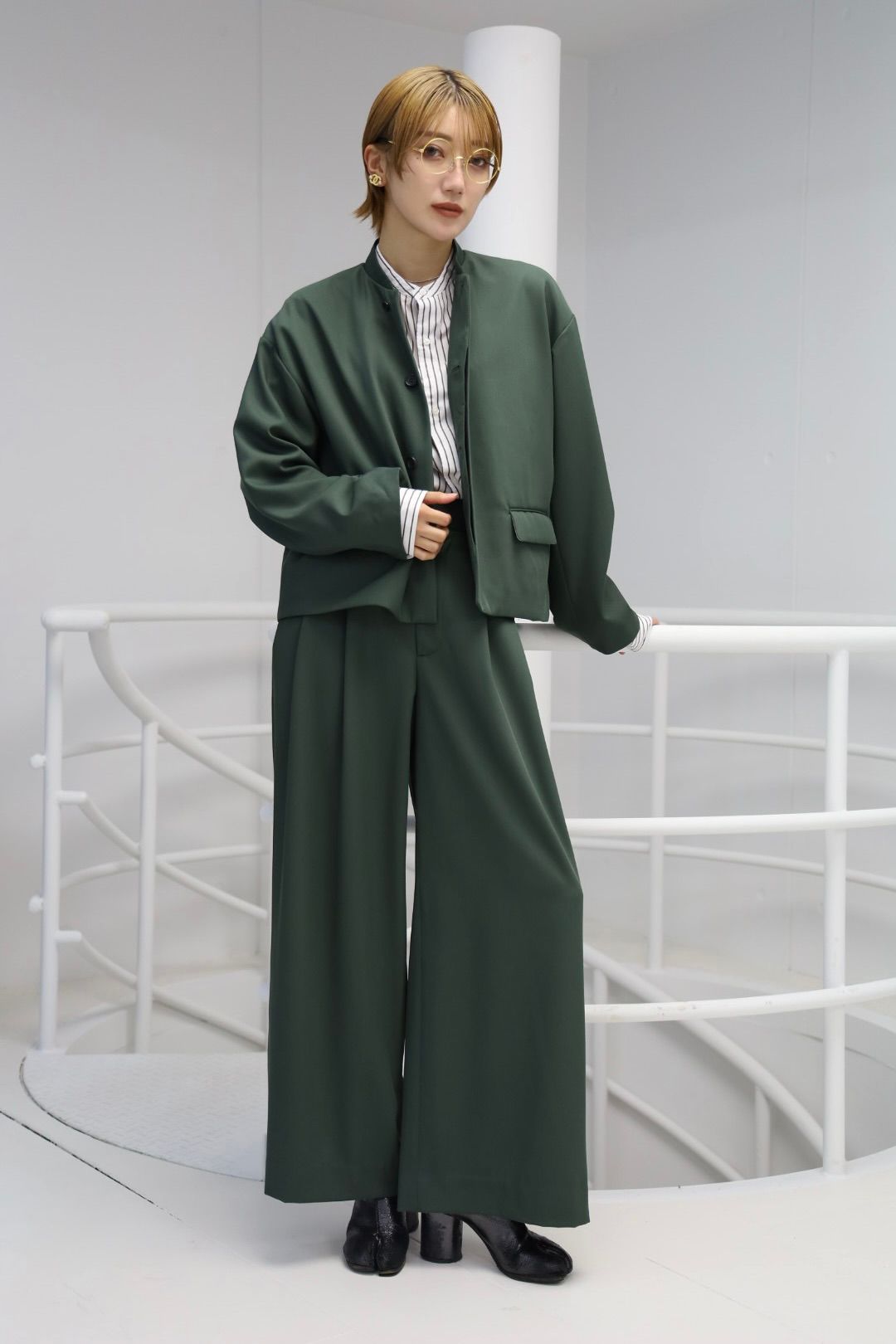 グラフペーパー Women's  25AW Techno Wool Nylon Stand Collar Short Jacket(GL253-20317)GREEN