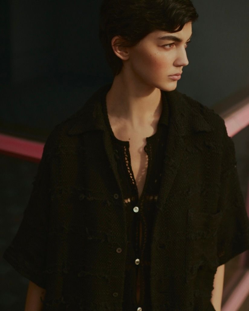 ヨーク25SUMMER シャツ FRINGE CHECK TWEED OPEN COLLAR SHIRT(YK25SS001005SH)BLACK