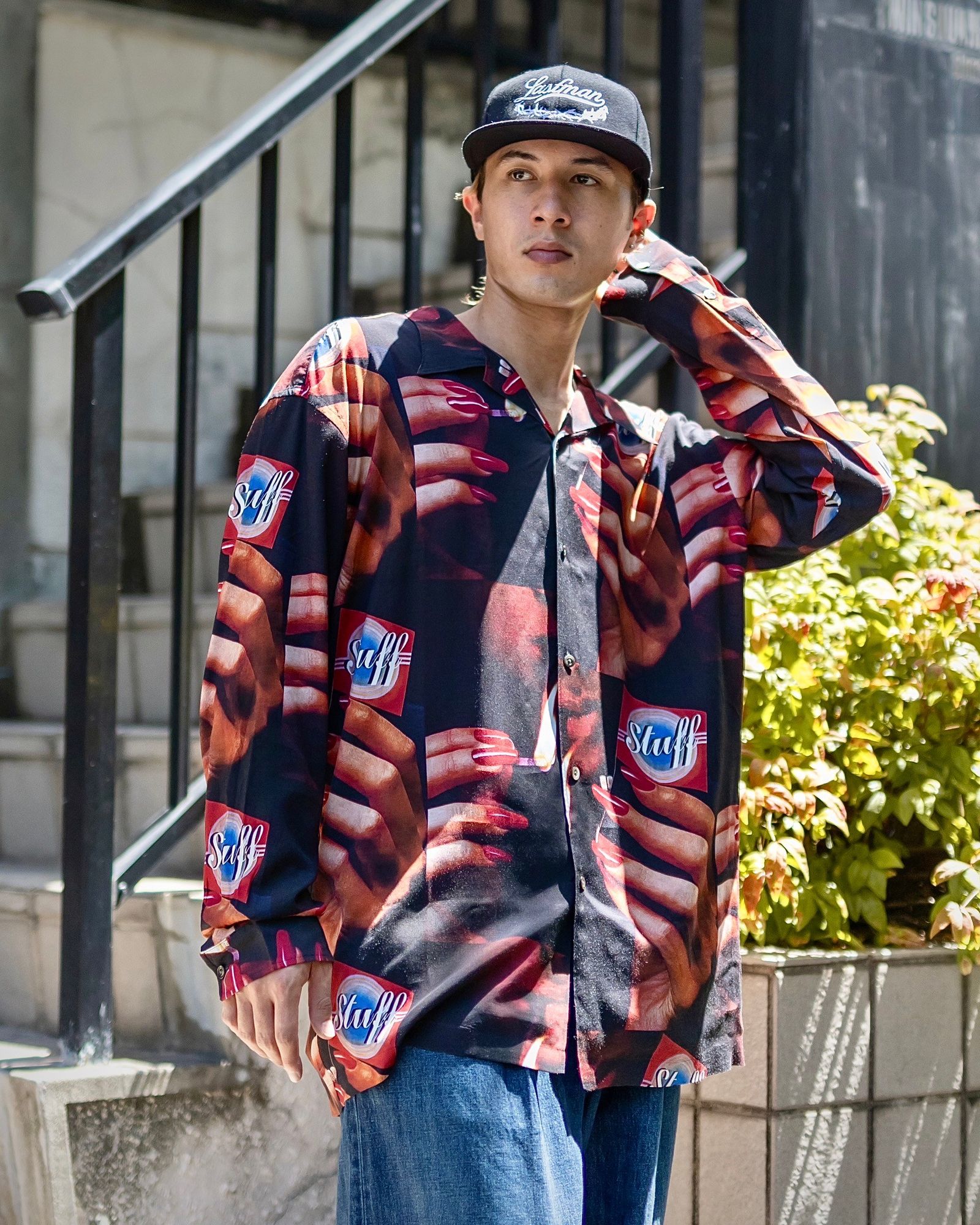 LASTMAN PRINTED OPEN COLLOAR SHIRTS L/S "STUFF" MARK スタイル