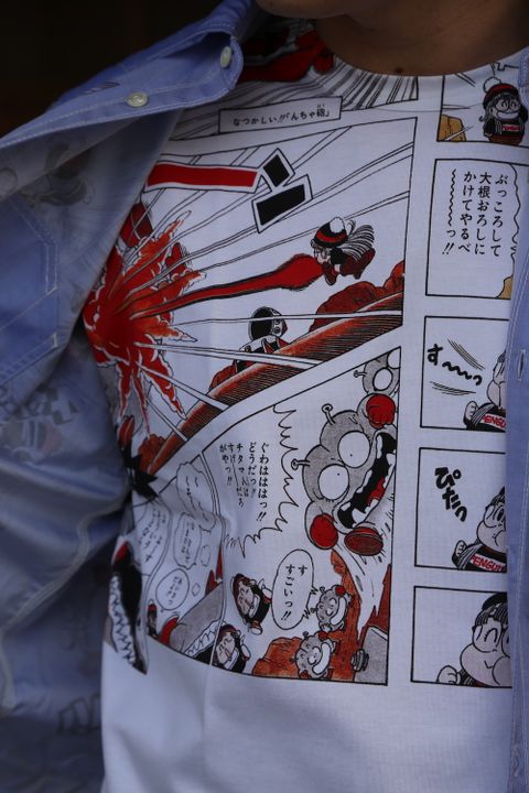 JUNYA WATANABE CDG MAN Dr.スランプアラレちゃん綿シャンブレーツイルプリント半袖シャツ style.2021.3.7.