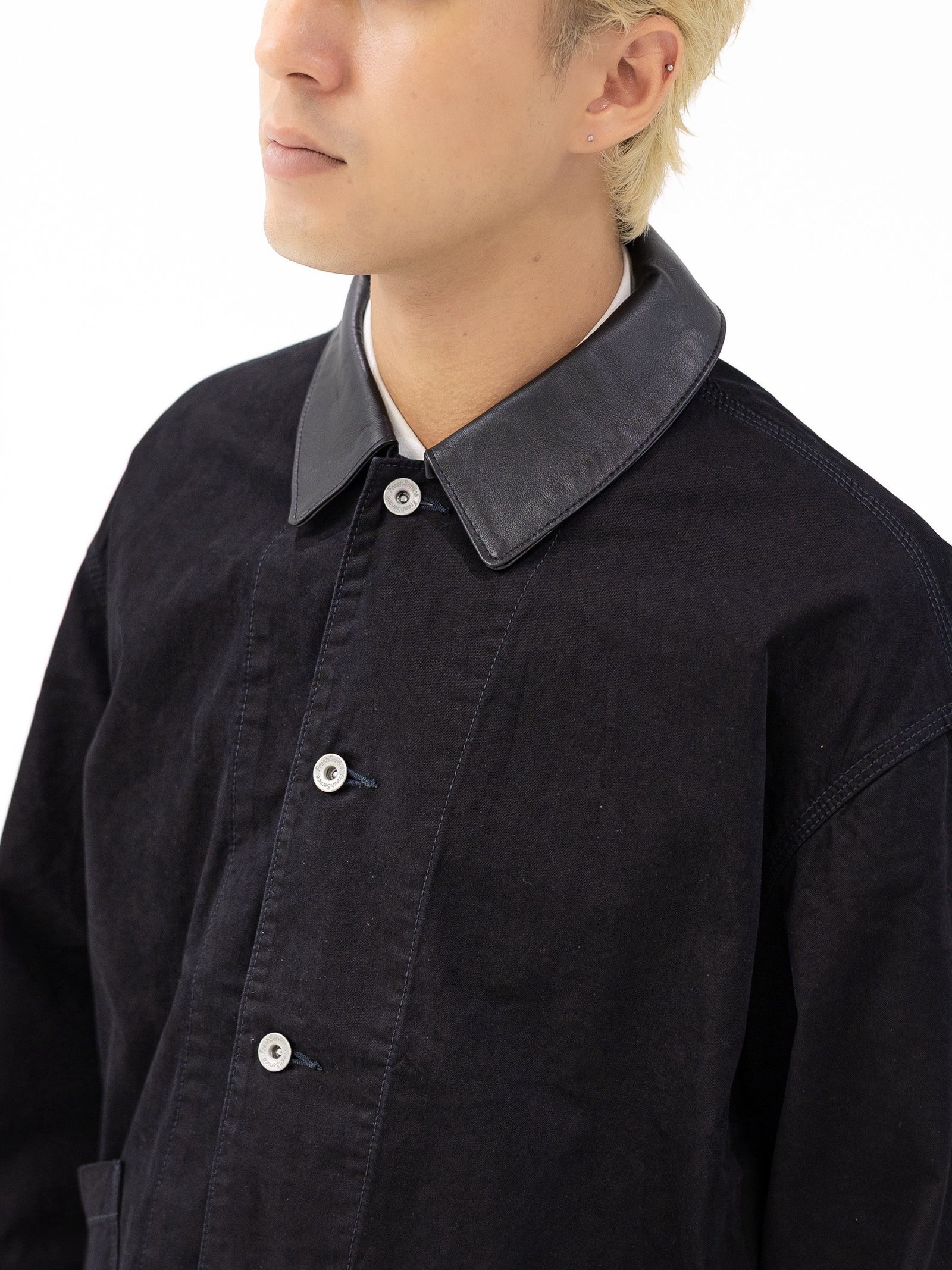 フレッシュサービス COTTON CANVAS LEATHER COLLAR WORK JACKET (BLACK) MARKスタイル