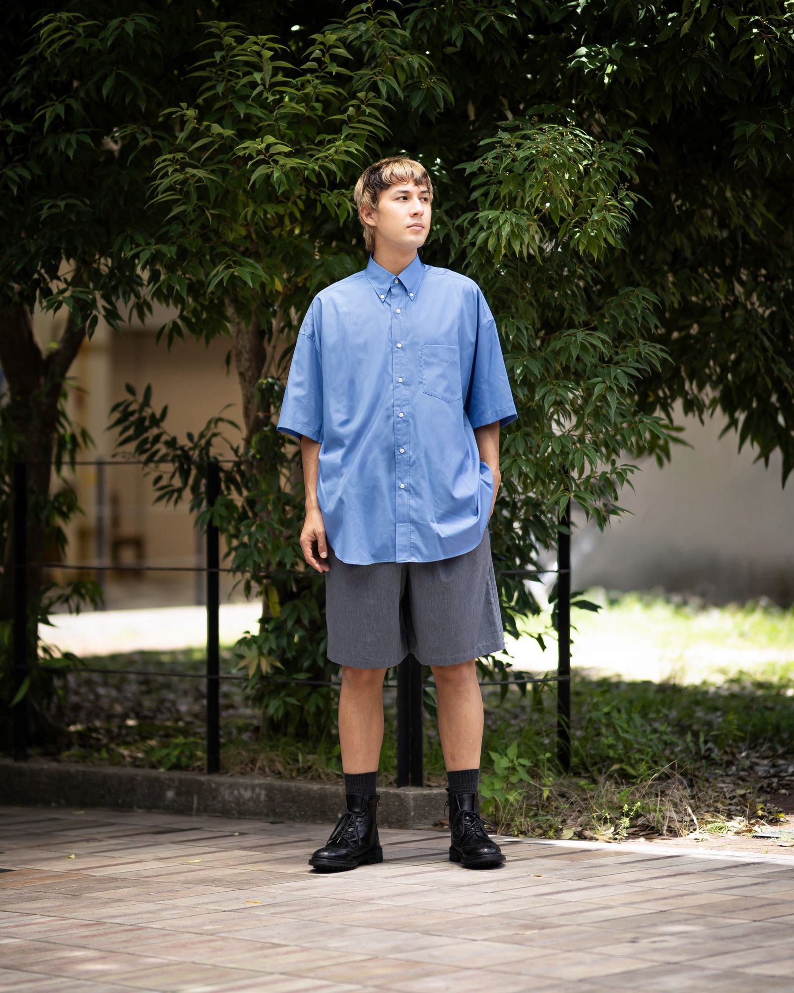 グラフペーパー Easy Care Poplin S/S Oversized B.D Shirt(GM263-50621)BLUE☆7月11日(土)発売！
