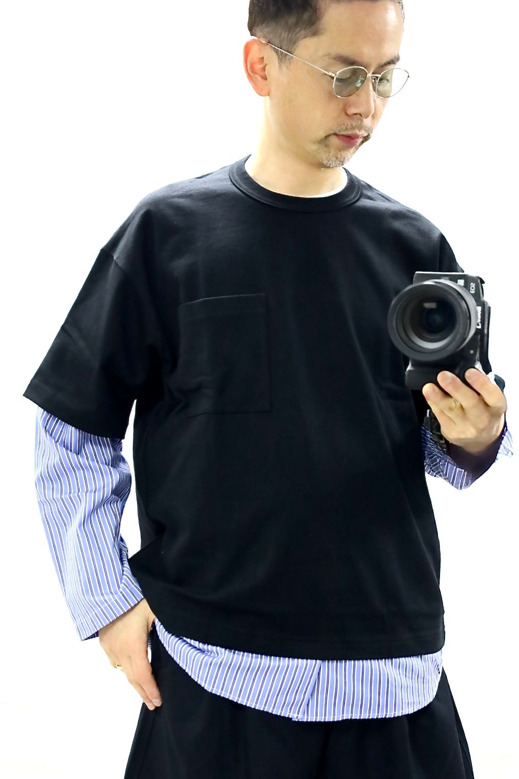 コムデギャルソンオム26SS 綿度詰天竺×綿ポプリンストライプTシャツ(HQ-T006-051)BLACK