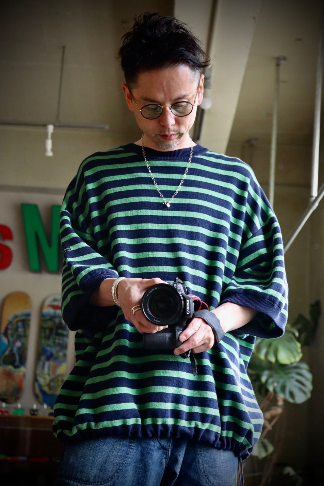イズネス22SS SHORT SLEEVE BASQUE SHIRT(NAVY×GREEN BORDER)