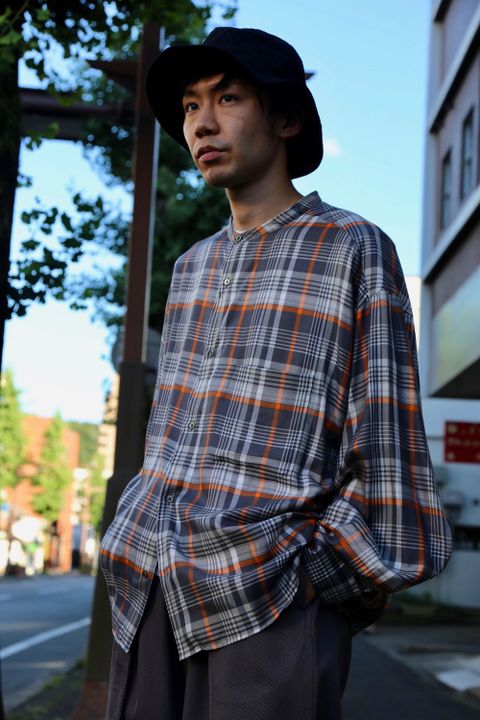 Graphpaper Tencel Check Band Collar Big Sleeve Shirt"GRAY×ORANGE"Style.2020.8.15.