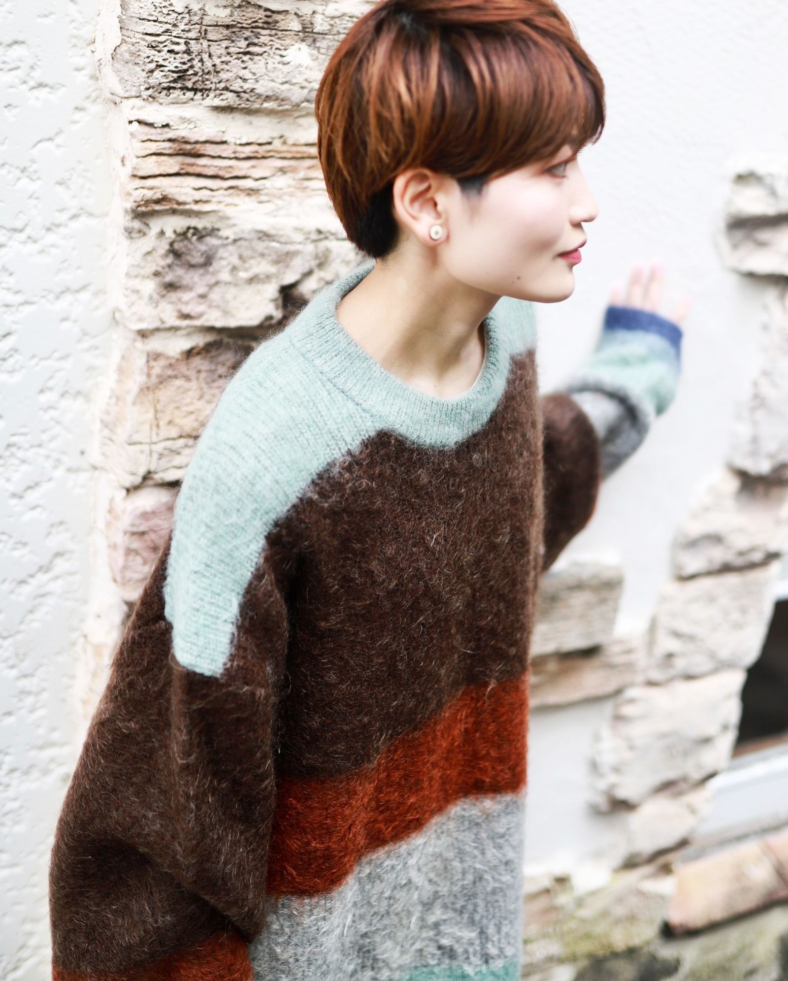 ヨーク23AW MOHAIR BORDER CREWNECK SWEATER(YK23FW0572S)BROWN