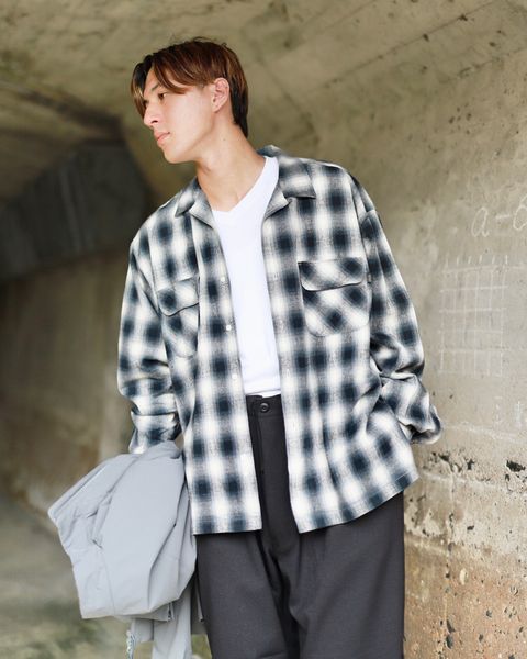 SEDAN ALL-PURPOSE Brushed Ombre Plaid Open Collar Shirtスタイル