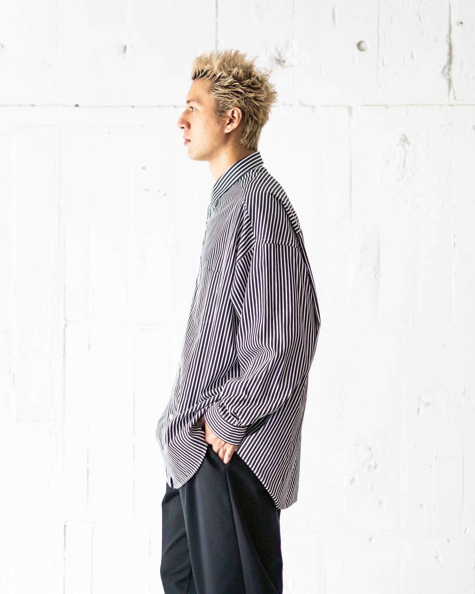 グラフペーパー25AW High Count Regular Collar Round Cut Oversized Shirt (GM253-50030C)BLACK STRIPE☆7月12日(土)発売！