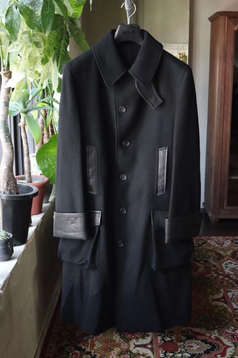 Yohji Yamamoto 革切り替え6つ釦ロングジャケット(HW-J42-832)BLACK☆新作発売！