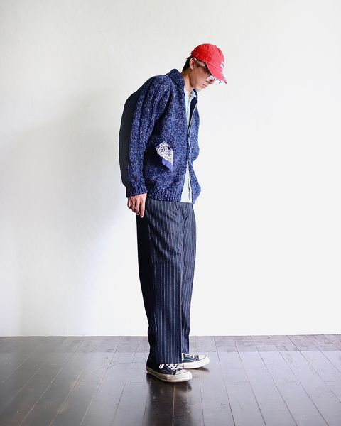 TapWater 23AW Shetland Wool Cowichan Zip Cardigan"TOP BLUE×NAVY"スタイル