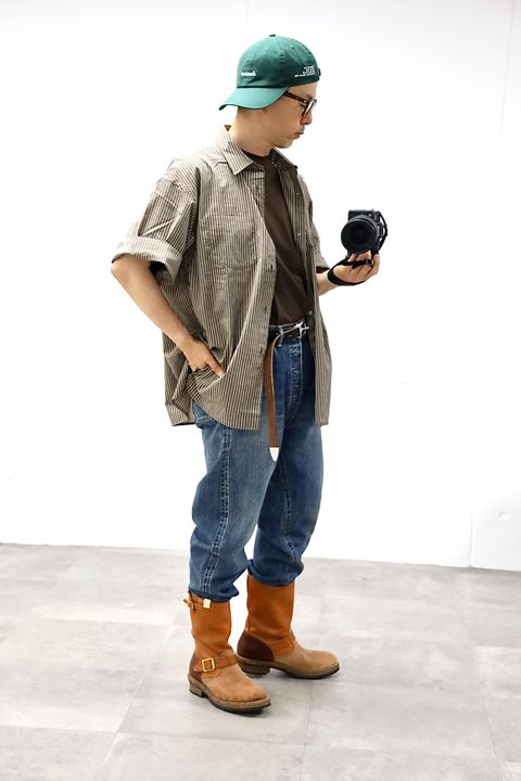 FreshService 26SS HRAFTeX® S/S STRIPE SHIRT"BROWN STRIPE"スタイル