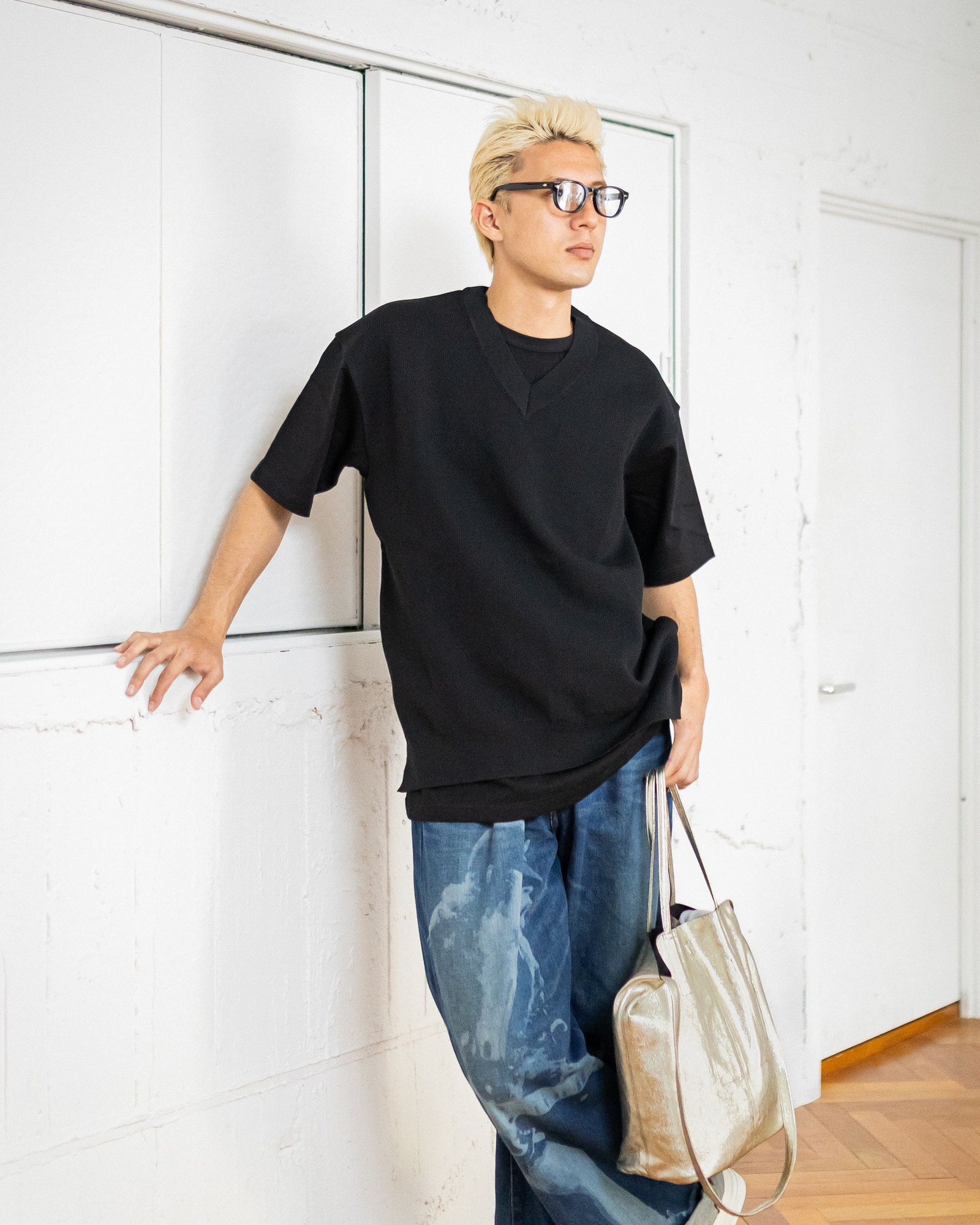 COMME des GARCONS HOMME 異素材切り替えTシャツ (BLACK