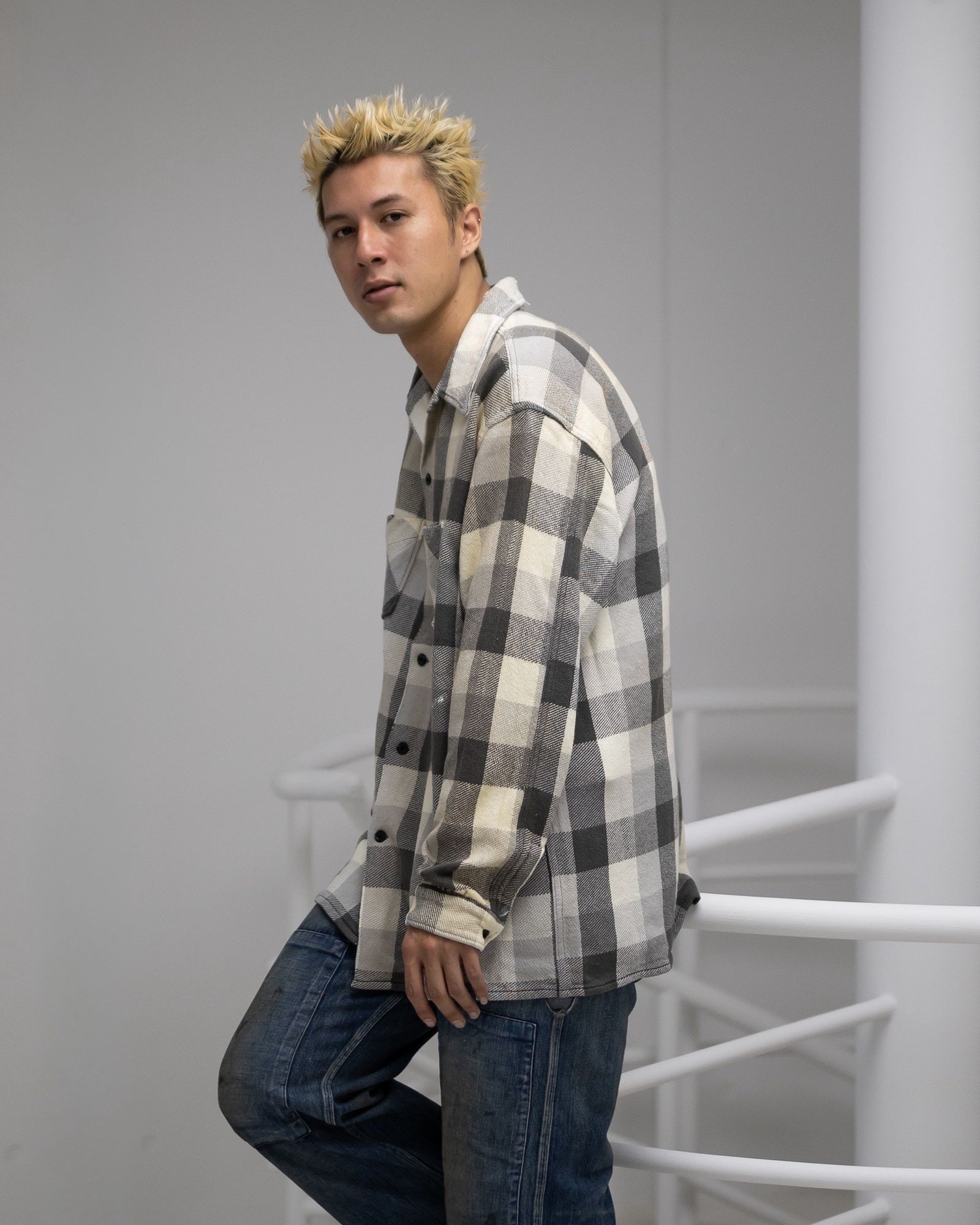 BOW WOW 25FWバウワウ DAMAGED AND STAINED FLANNEL SHIRT(BW252-DSFS) AGED GRAY x WHITE