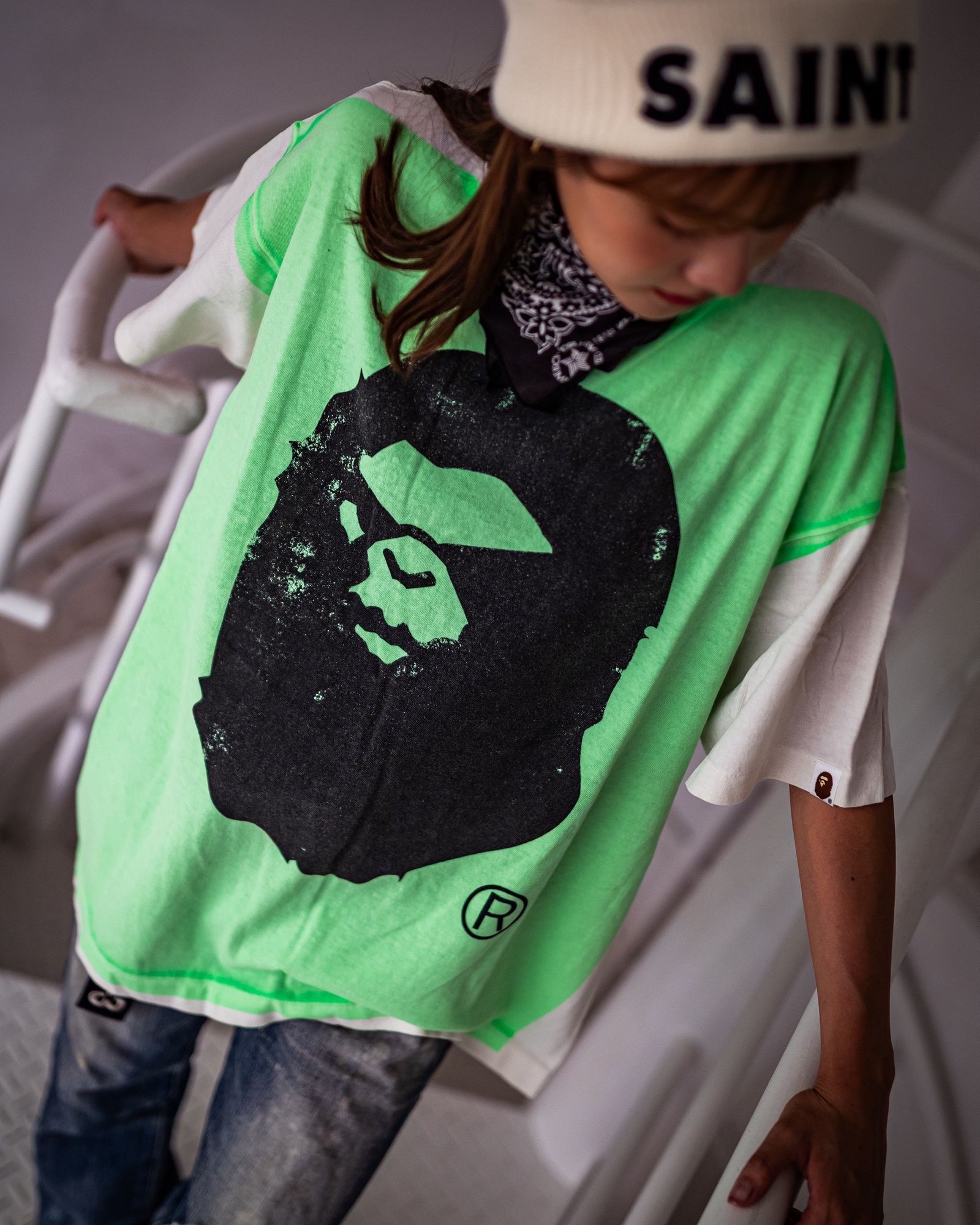 セントマイケル Tシャツ HANDPRINT BAPE_SS TEE(SM-HR1-0000-C34)WHITE×GREEN