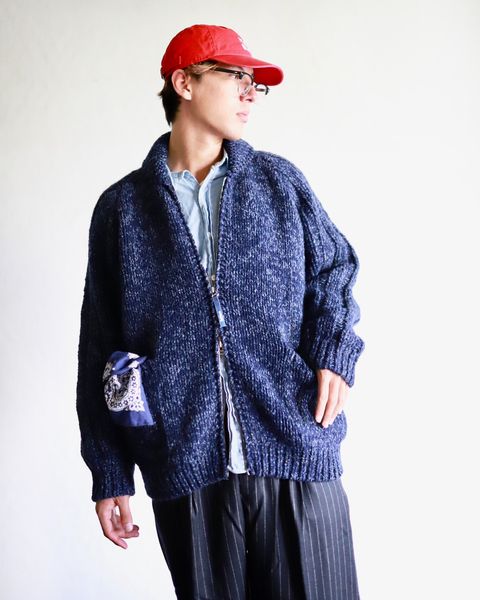 TapWater 23AW Shetland Wool Cowichan Zip Cardigan"TOP BLUE×NAVY"スタイル