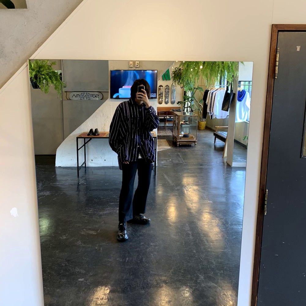 JieDa2020AW HAND STITCH STRIPE SHIRT"NAVY" FLARE SLACKS "BLACK"style.2020.7.19
