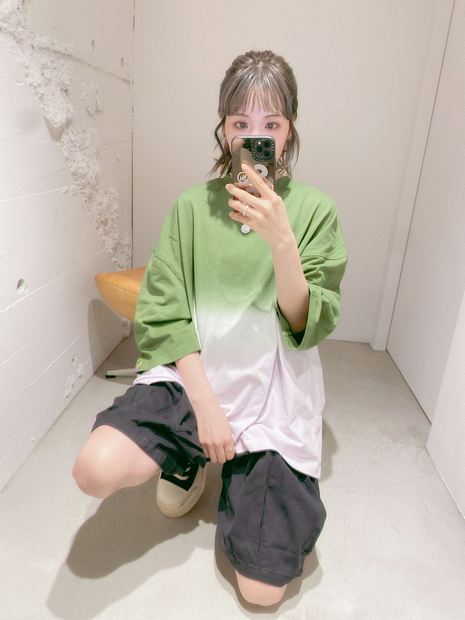 イズネス24SS GRAMICCI for is-ness HORIZON OVERDYE T-SHIRT(1006GRAMICCIT01)GREEN×LIGHT PINK