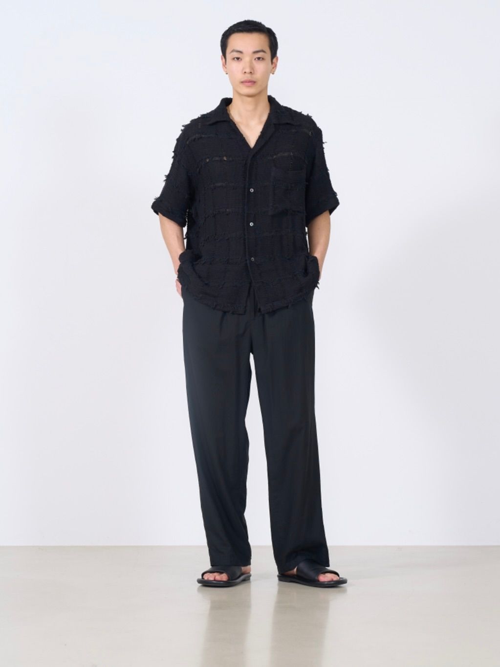 トップス jentLouis Fringe Open-Collar Shirt YOKE|ヨーク FRINGE CHECK TWEED OPEN COLLAR SHIRT BLACK