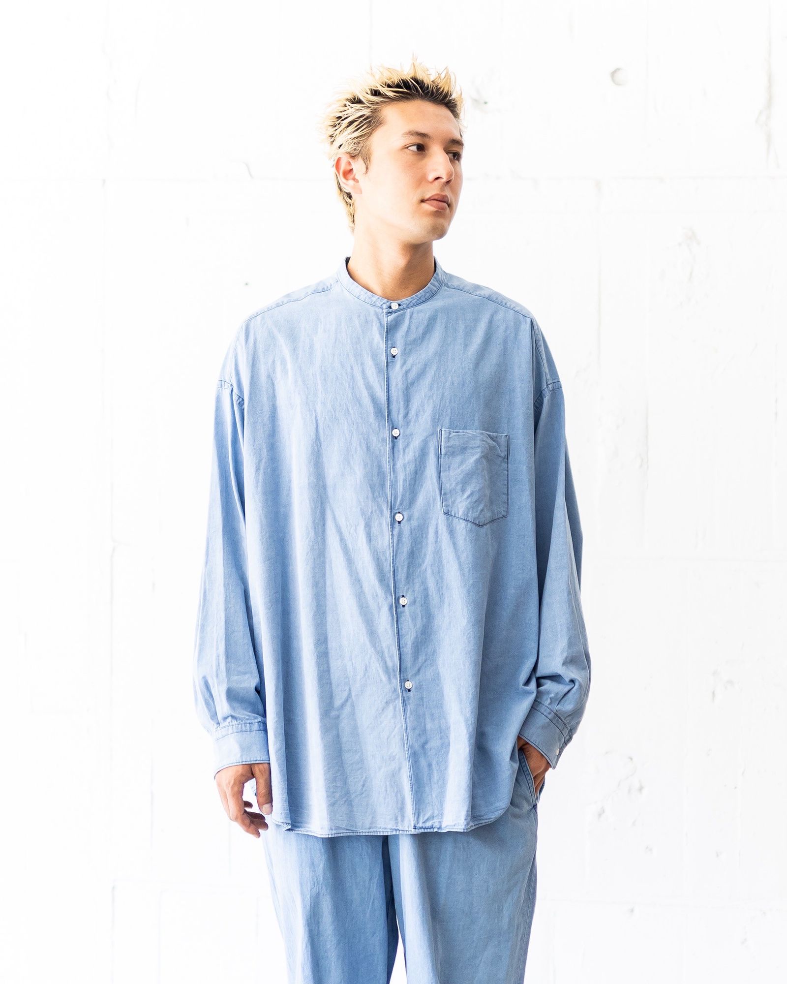 グラフペーパー SIDOGRAS Indigo Poplin L/S Oversized Band Collar Shirt(GM252-50046)LIGHT FADE☆8月2日(土)発売！