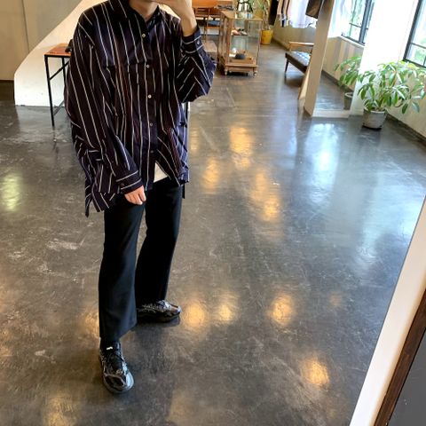 JieDa2020AW HAND STITCH STRIPE SHIRT"NAVY" FLARE SLACKS "BLACK"style.2020.7.19