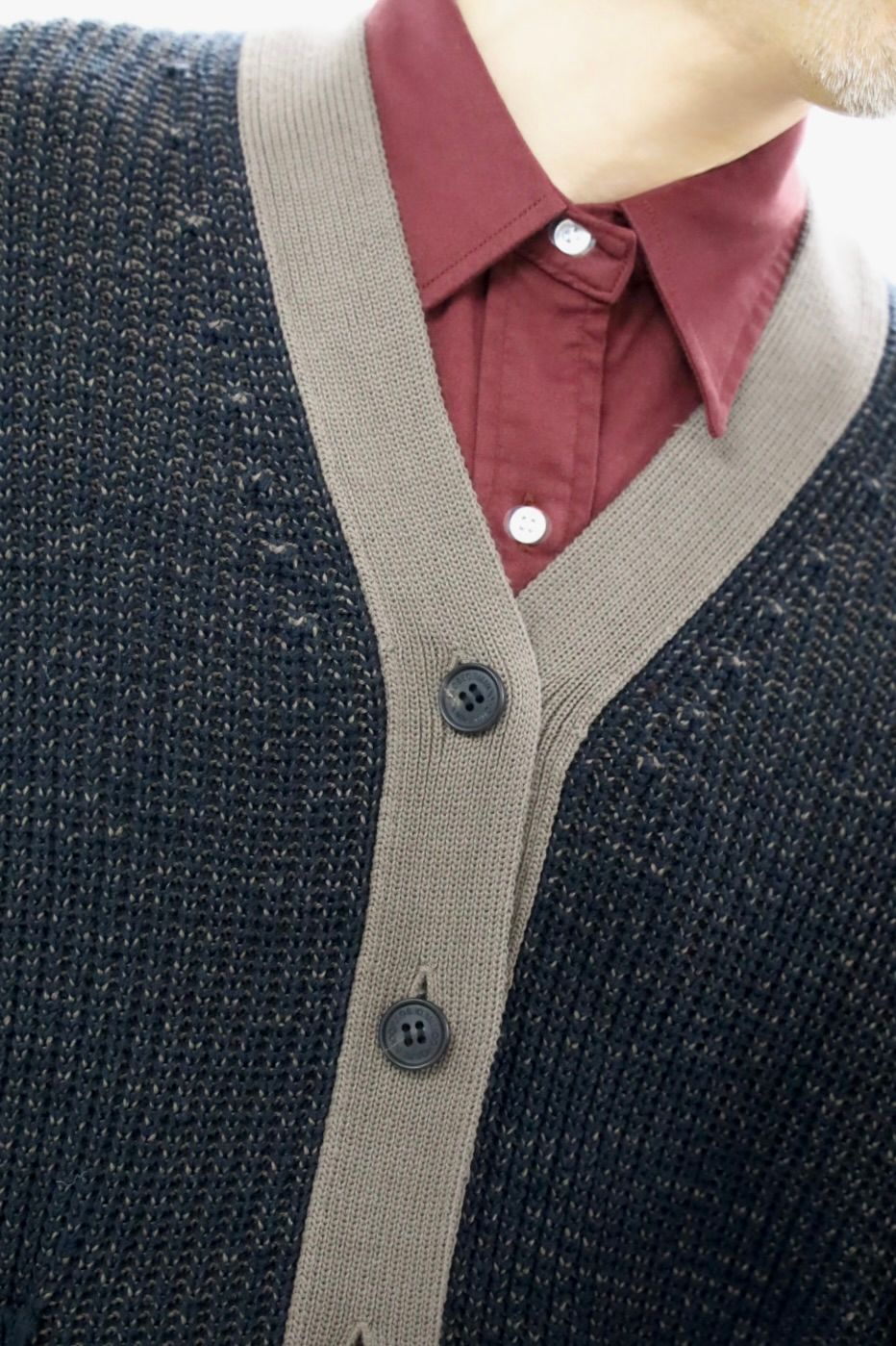 コムデギャルソンオム26SS シルク×綿片畦プレーティングカーディガン(HQ-N002-051)NAVY×BROWN