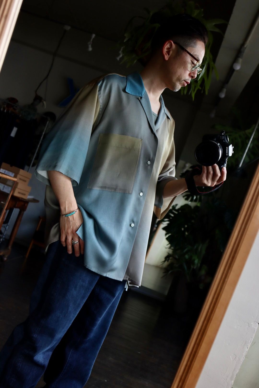YOKE 23SS オープンカラーシャツ　グレー YOKE | WIDE FIT OPEN COLLAR SHIRT(DUSTY GREEN) | ワイド