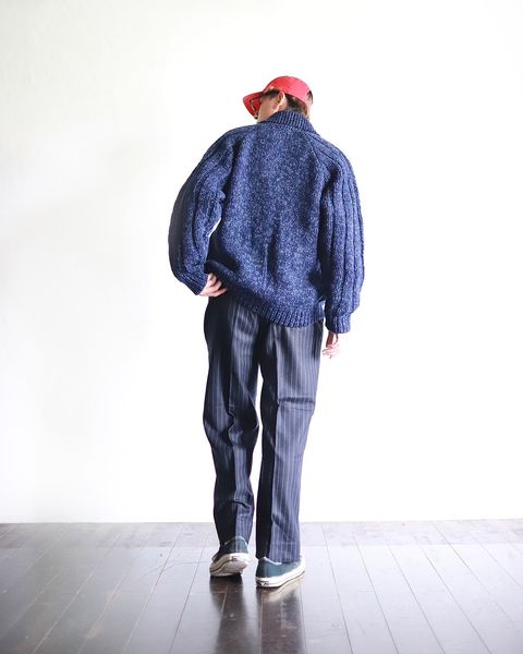 TapWater 23AW Shetland Wool Cowichan Zip Cardigan"TOP BLUE×NAVY"スタイル