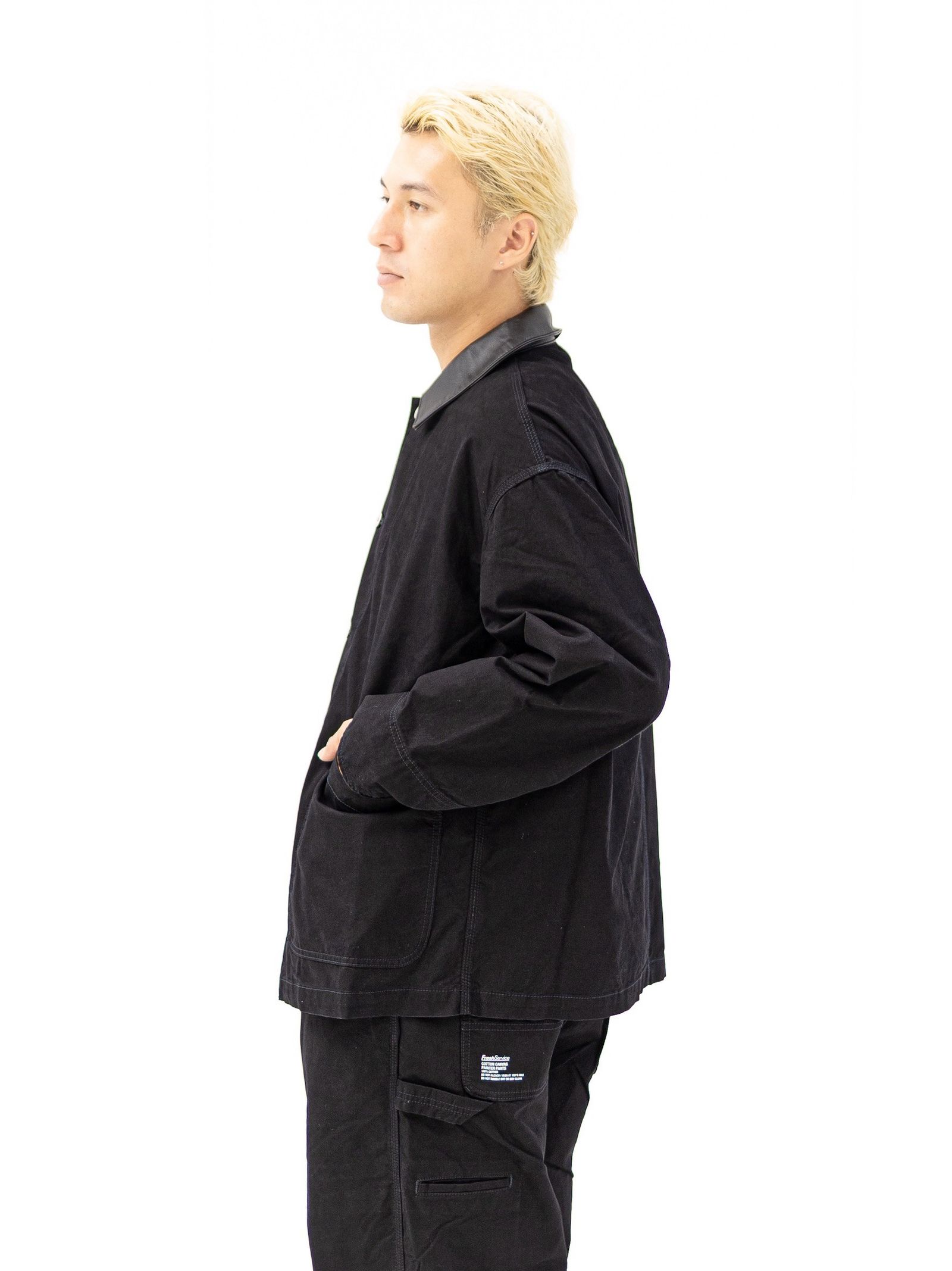 フレッシュサービス COTTON CANVAS LEATHER COLLAR WORK JACKET (BLACK) MARKスタイル