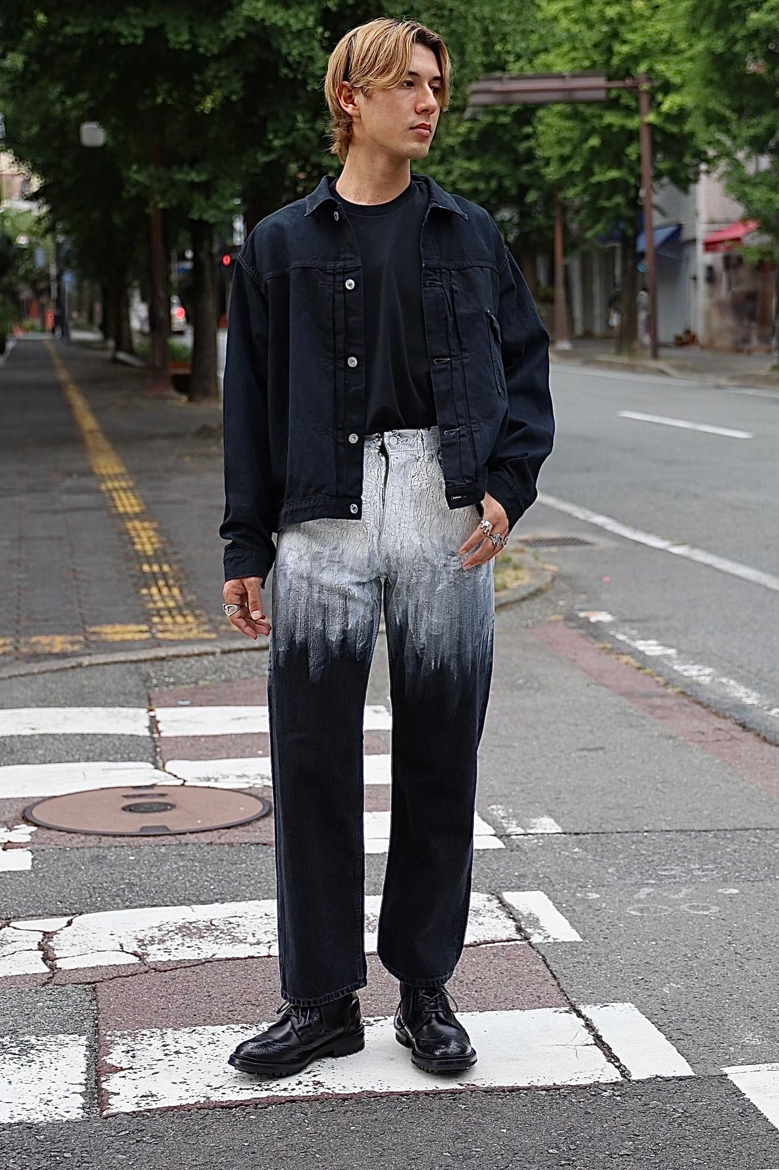 A.PRESSE 1st Type Denim Jacket & HAND PAINTED DENIM WIDE STRAIGHT PANTS