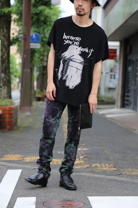 yohji yamamoto 丸首半袖メッセージプリントTシャツ カルティマ社長絵抜染PT Style.2020.8.2.