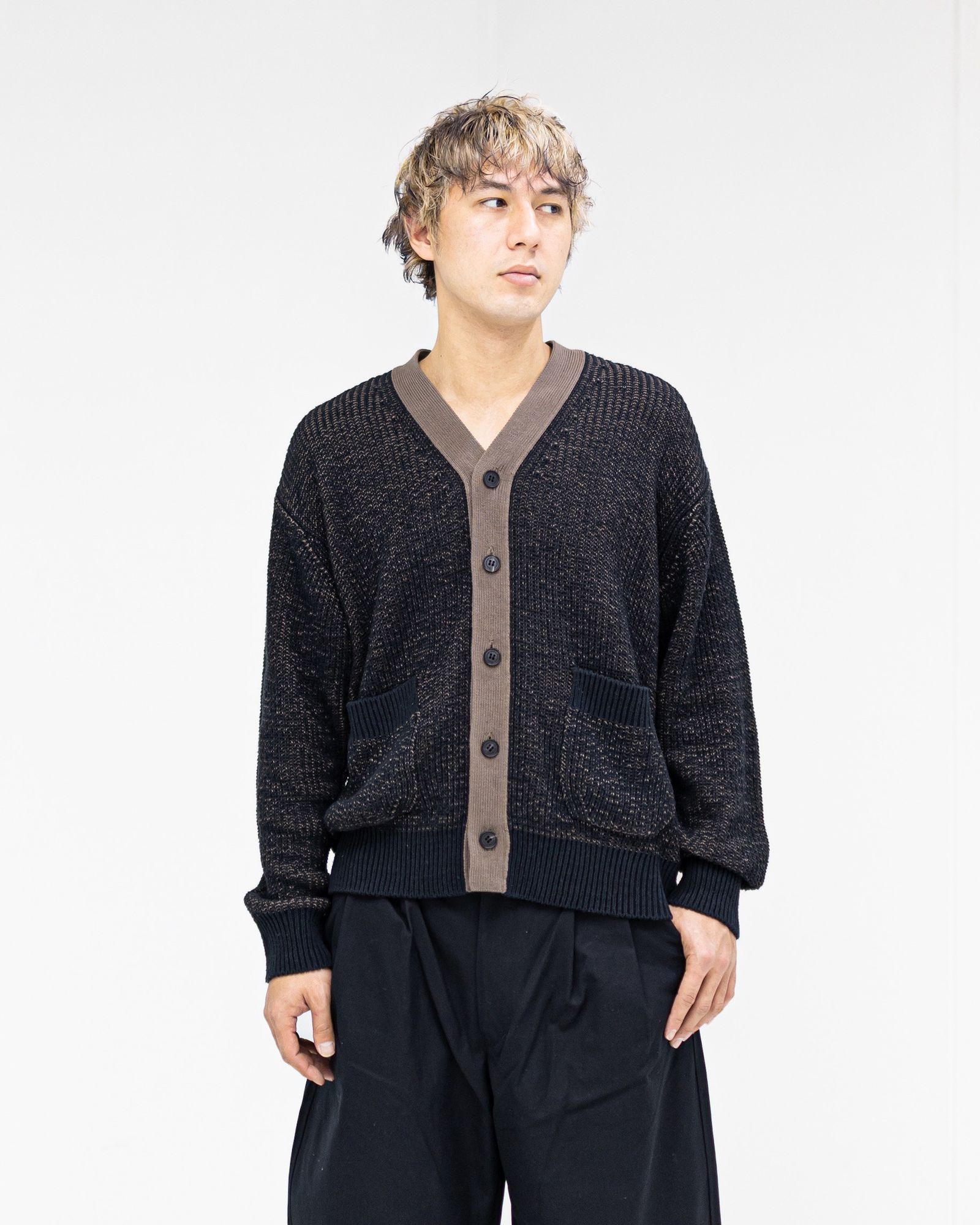 コムデギャルソンオム26SS シルク×綿片畦プレーティングカーディガン(HQ-N002-051)NAVY×BROWN☆2月6日(金)発売