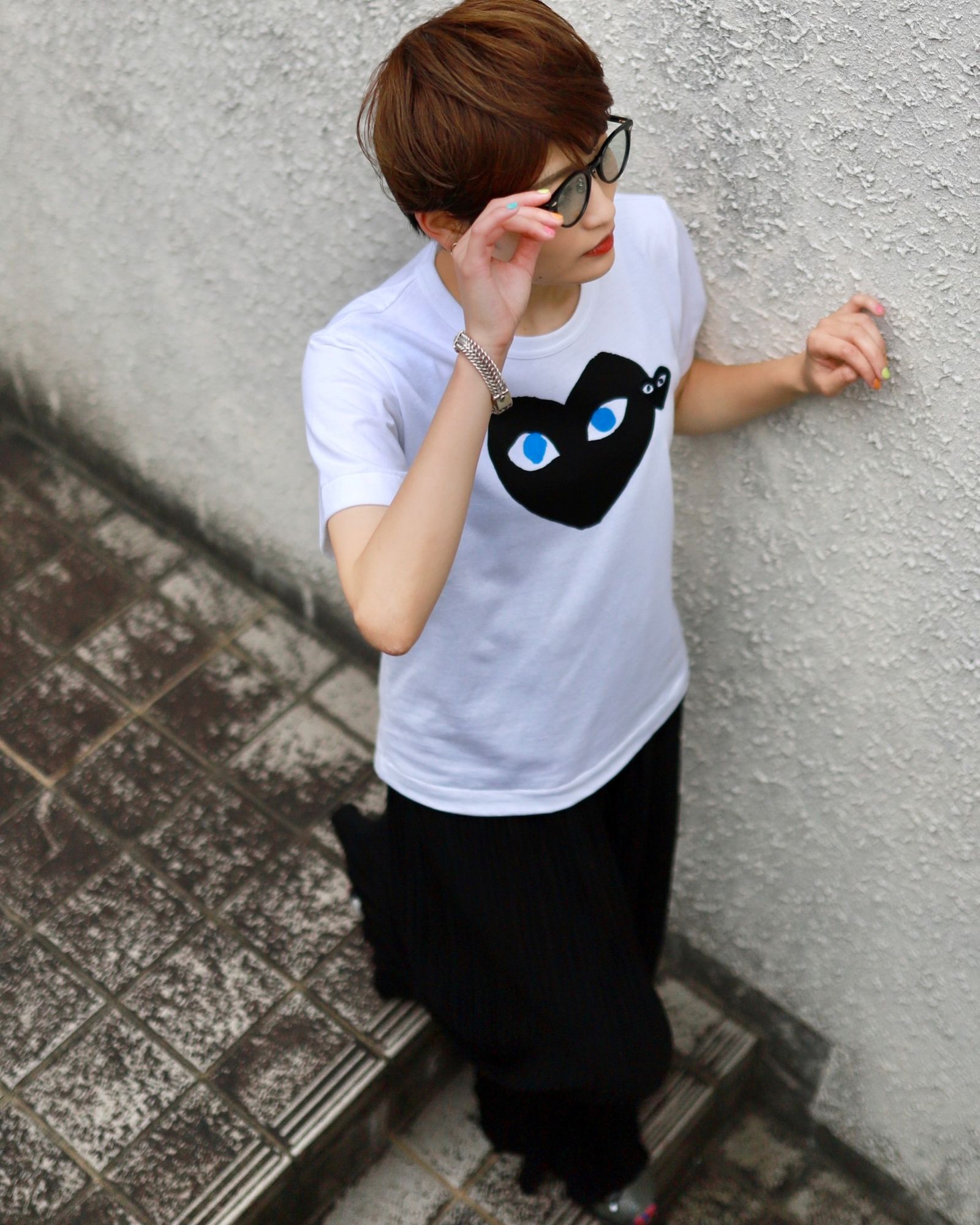 XXSサイズ PLAY COMME des GARCONS 黒ハート青目Tシャツ プレイ コムデギャルソン 青目の黒ハート 半袖Tシャツ-ユニ