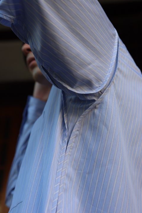 YOKE THOMAS MASON STRIPED PIPING SHIRT"SAXE"style.