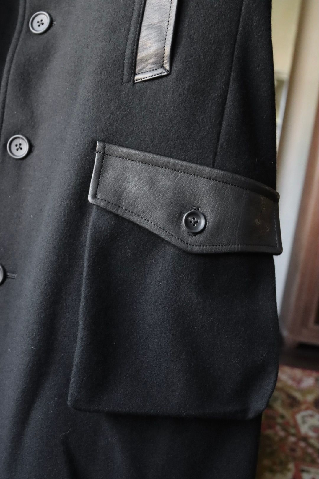 Yohji Yamamoto 革切り替え6つ釦ロングジャケット(HW-J42-832)BLACK☆新作発売！