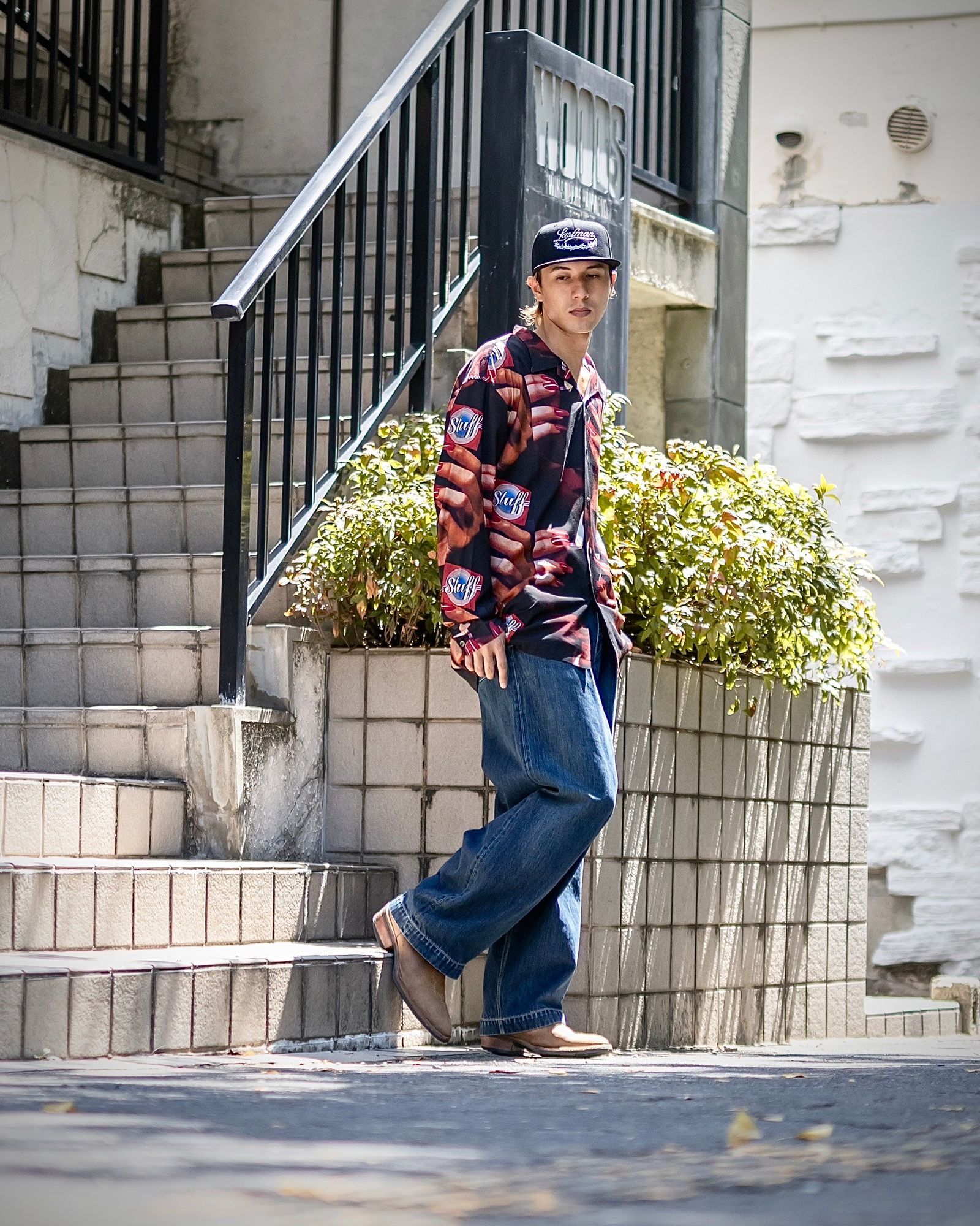 LASTMAN PRINTED OPEN COLLOAR SHIRTS L/S "STUFF" MARK スタイル