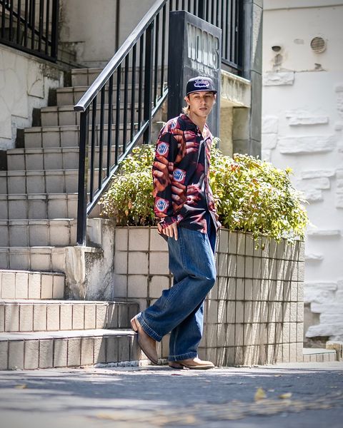 LASTMAN PRINTED OPEN COLLOAR SHIRTS L/S "STUFF" MARK スタイル