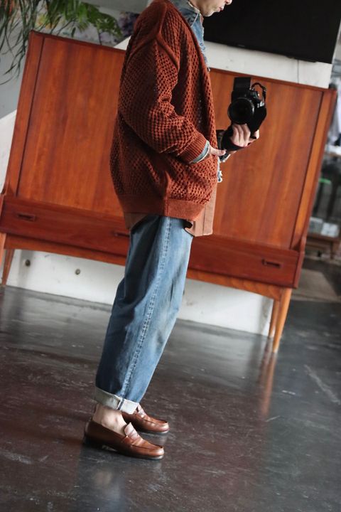 YOKE MESHED KNIT CARDIGAN"ORANGE"style.2022.2.21.