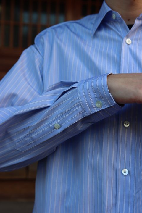 YOKE THOMAS MASON STRIPED PIPING SHIRT"SAXE"style.