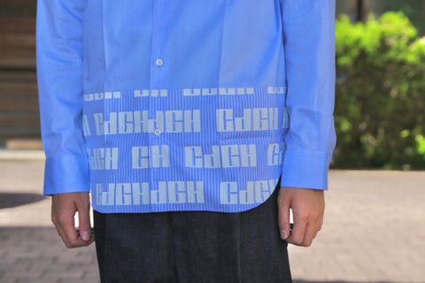 COMME des GARCONS HOMME 綿ツイル×綿ストライプロゴプリントシャツ(HF-B010-051) style.2020.8.15.