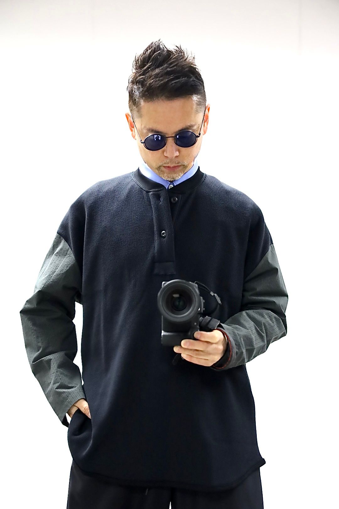 コムデギャルソンオム26SS ワッフルヘンリー切替えカットソー(HQ-T010-051)BLACK×KHAKI☆3月6日(金)発売！