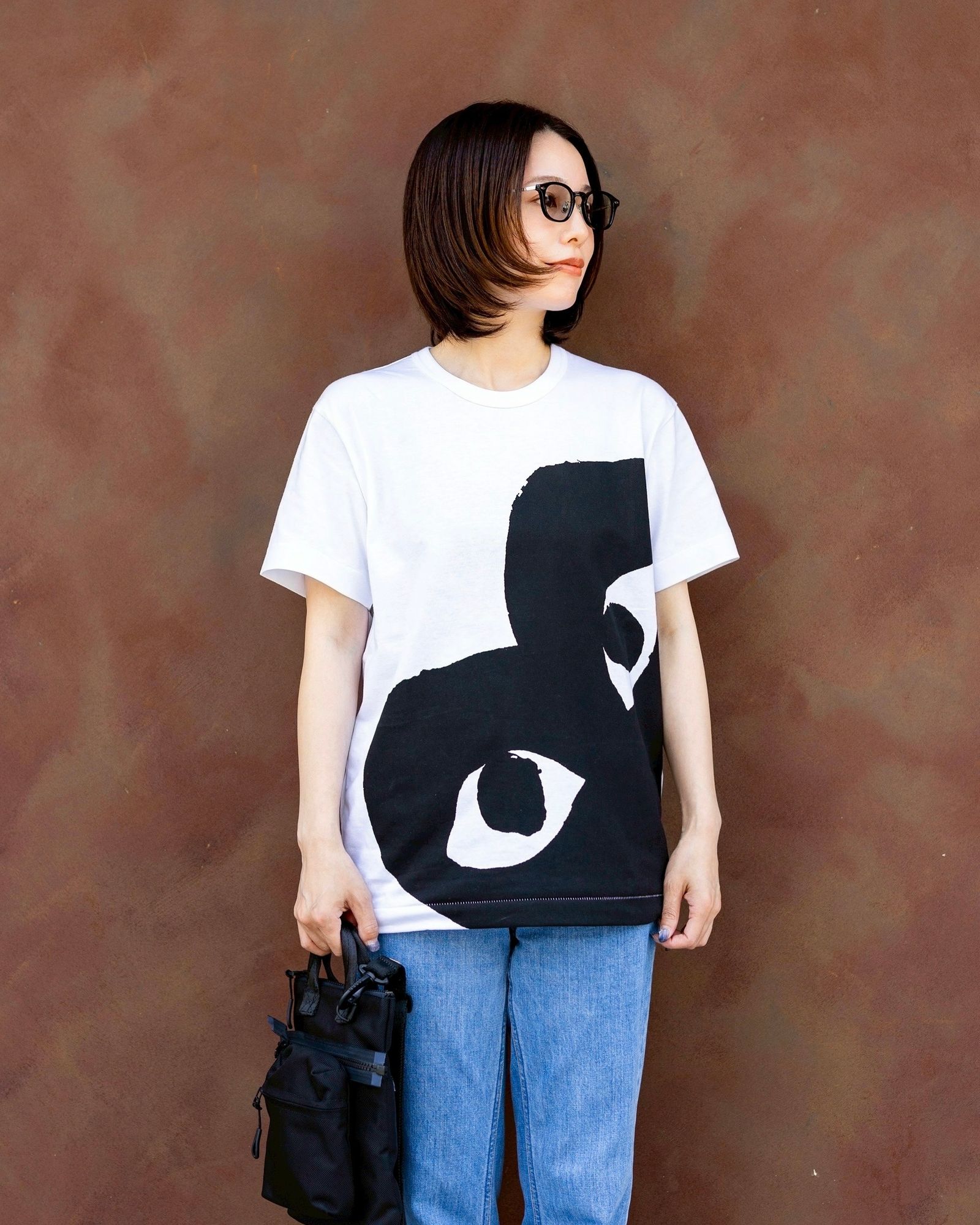 プレイ コムデギャルソン ワンポイントWハート 半袖Tシャツ-黒