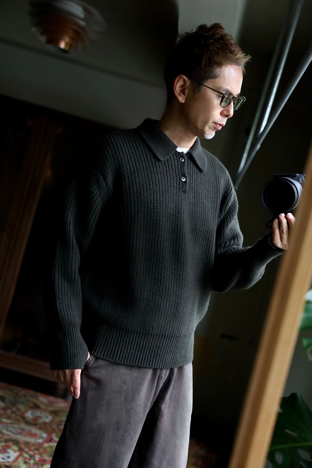 MARKAWARE 26AW RIBBED POLO COLLAR JUMPER"DARK OLIVE"スタイル