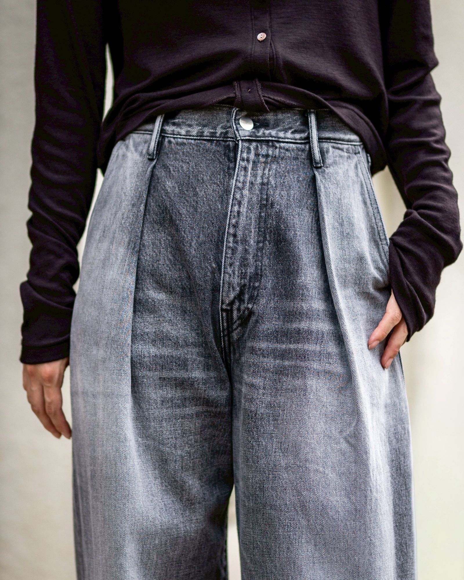 Graphpaper 25AW Women's Selvage Denim Two Tuck Wide Pants(GL253-40062LB)BLACK_LIGHT FADE