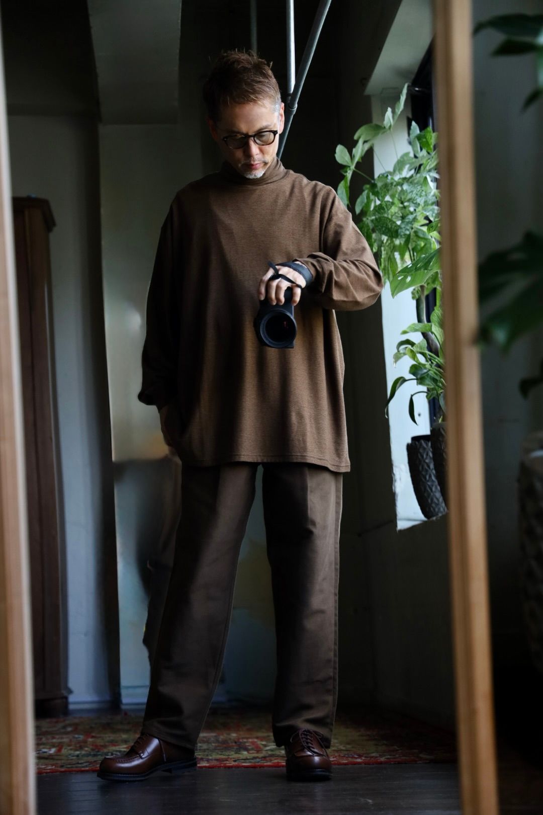 グラフペーパー Cotton Wool Ripple High Neck L/S Tee(GM263-70305)BROWN