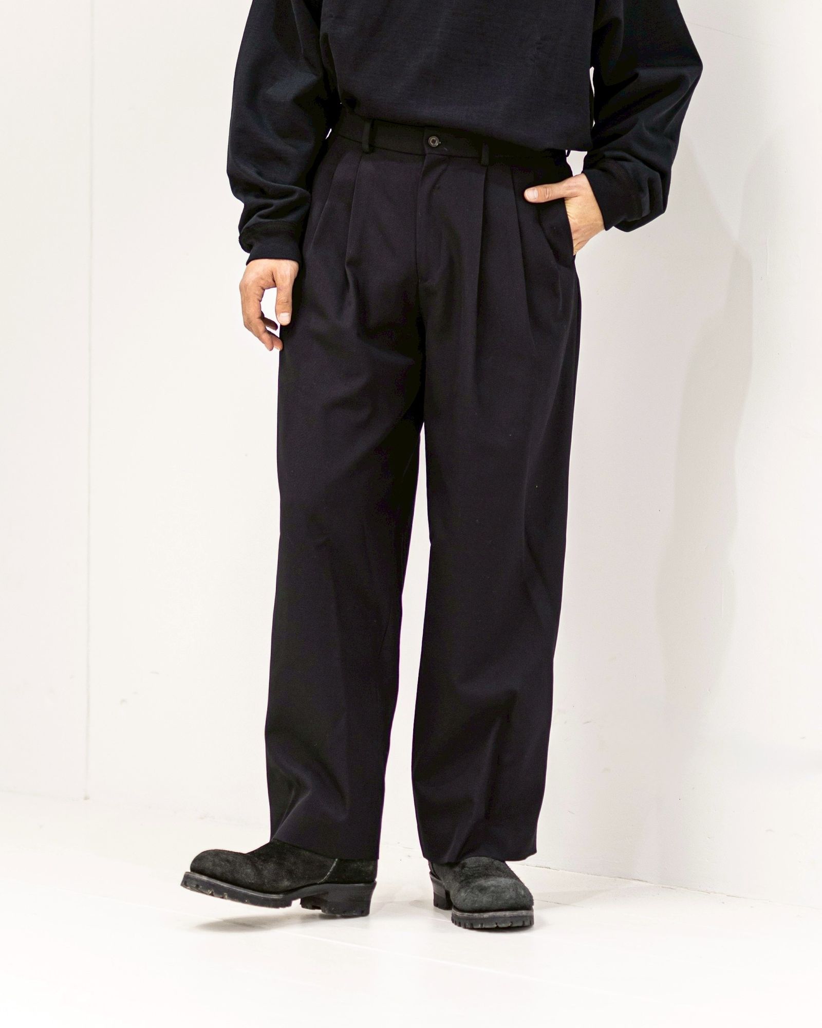 MARKAWARE Organic Wool Survival Cloth® Triple Pleated Wide Trousers(A25C06PT02C)BLACK☆新作発売！