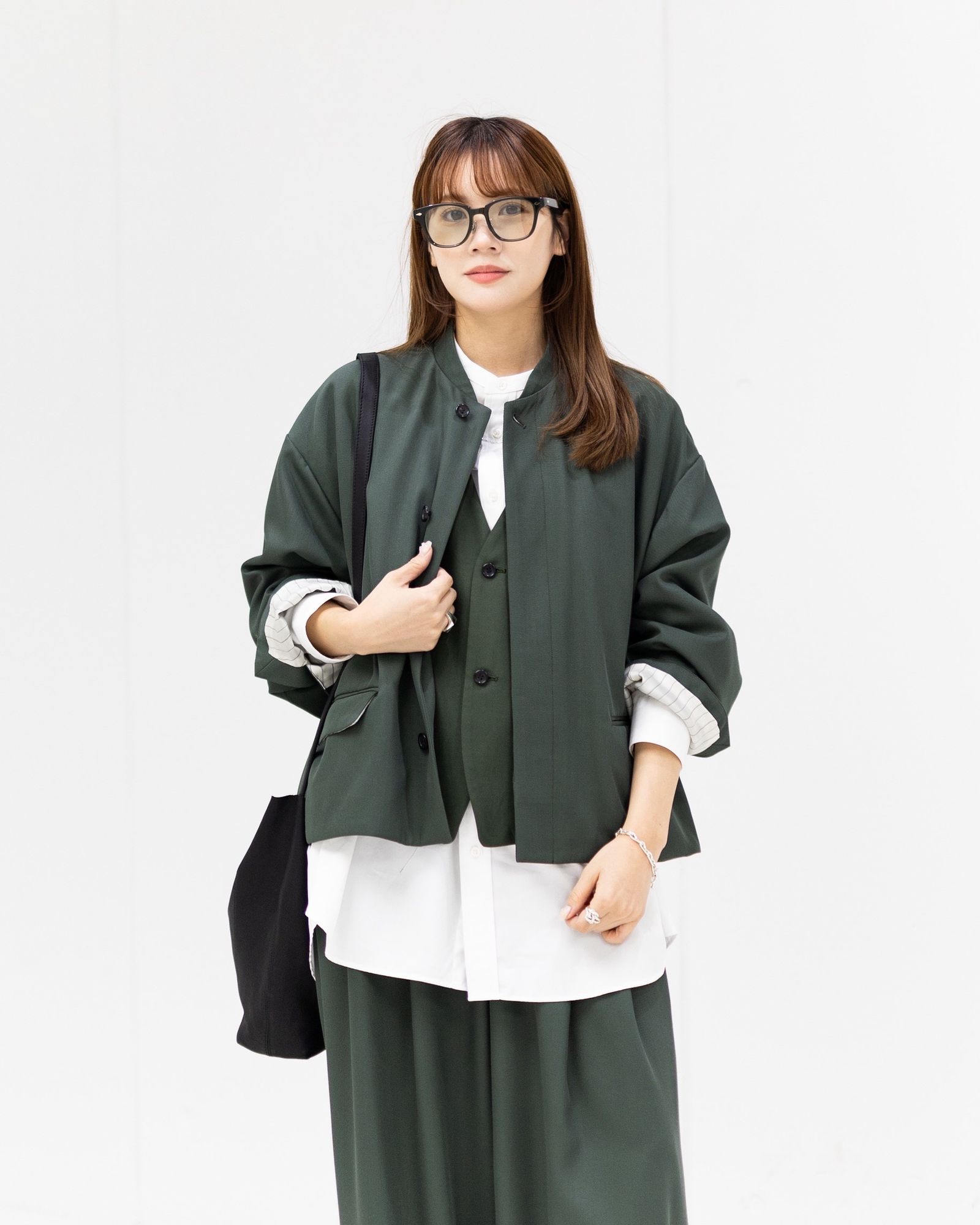 グラフペーパー Women's  25AW Techno Wool Nylon Stand Collar Short Jacket(GL253-20317)GREEN