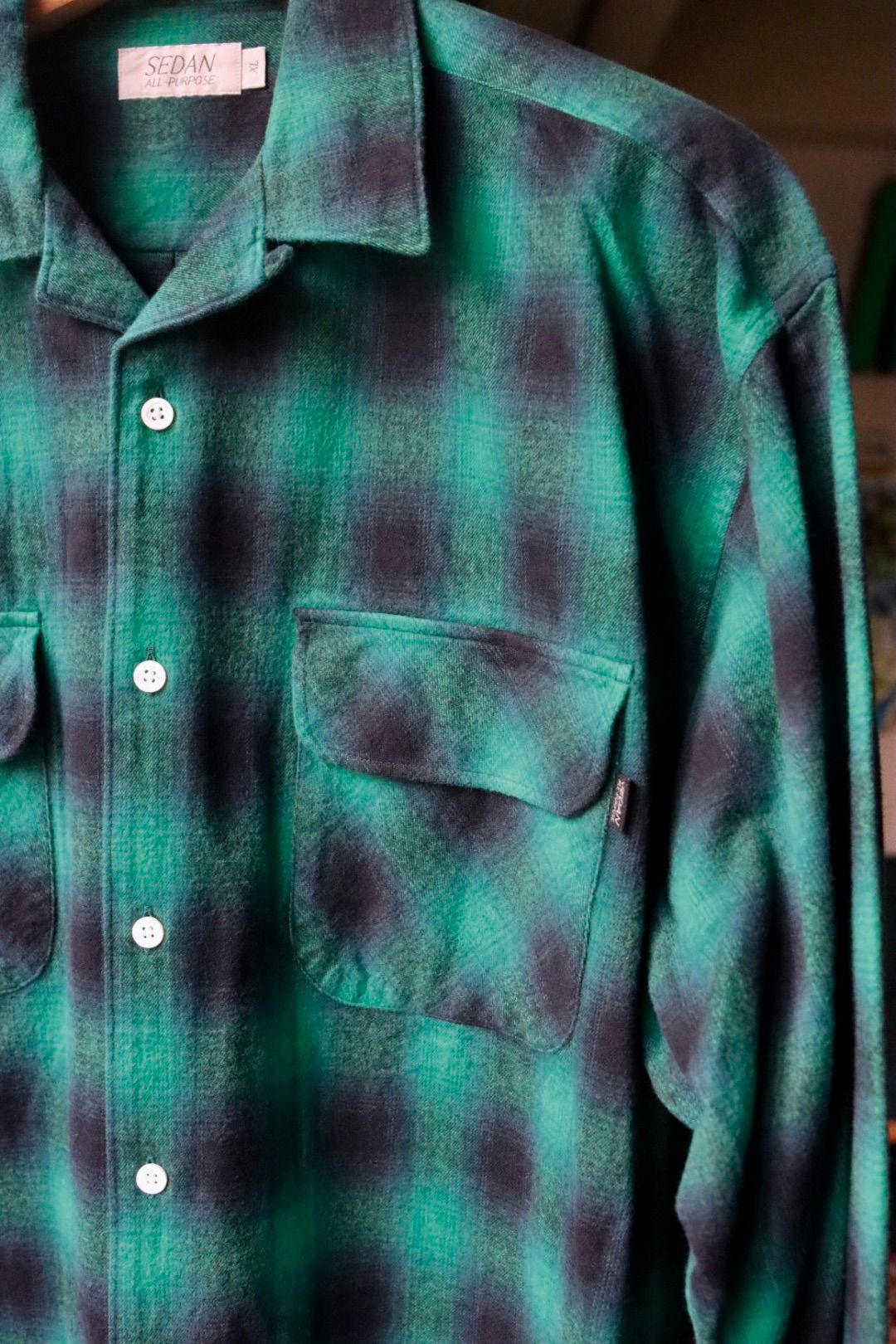 セダンオールパーパスFW23 Brushed Ombre Plaid Open Collar Shirt (SD23F-SH02)Green Plaid
