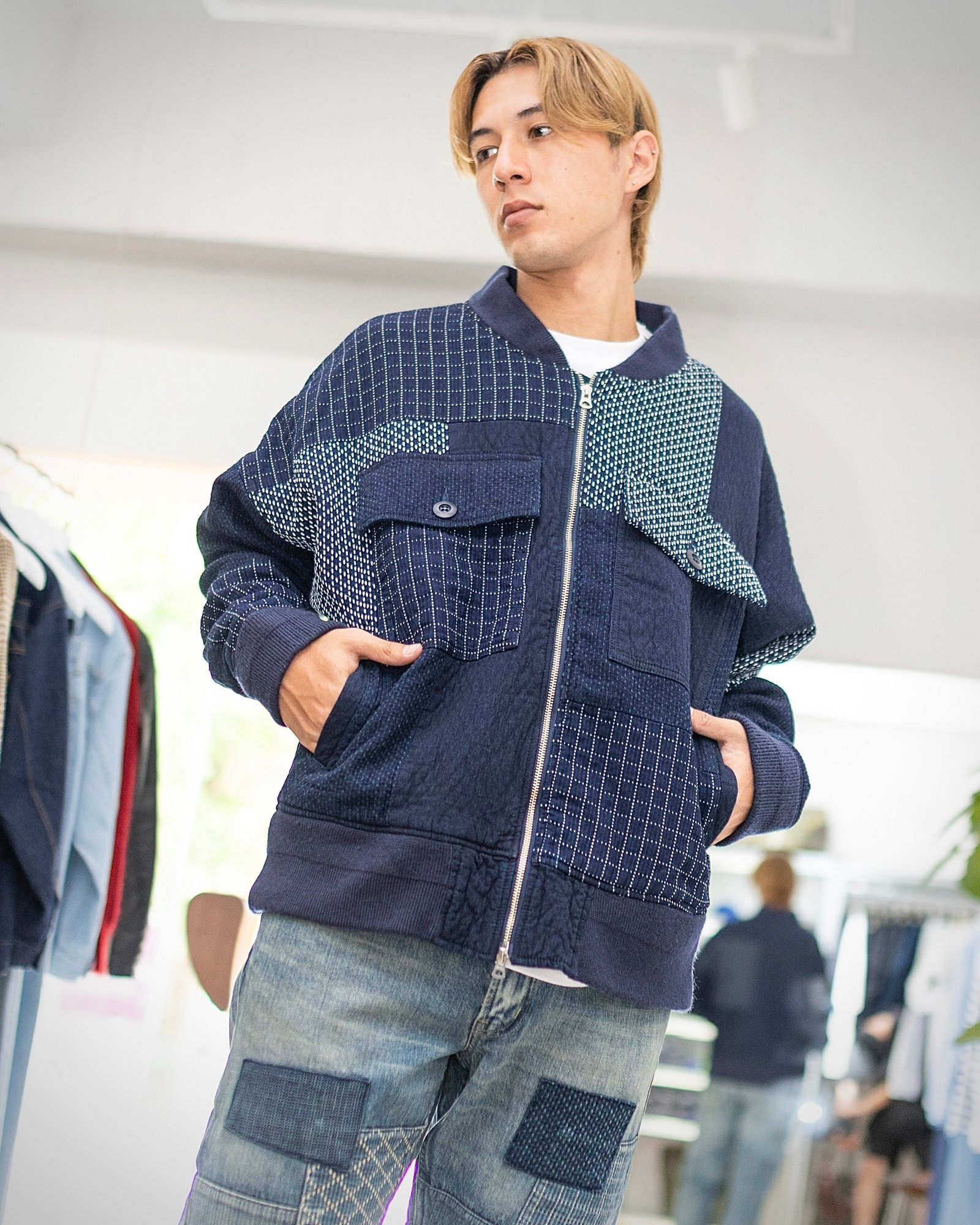 FDMTL DENIM PATCHWORK POCKET JACKET RINSE スタイル
