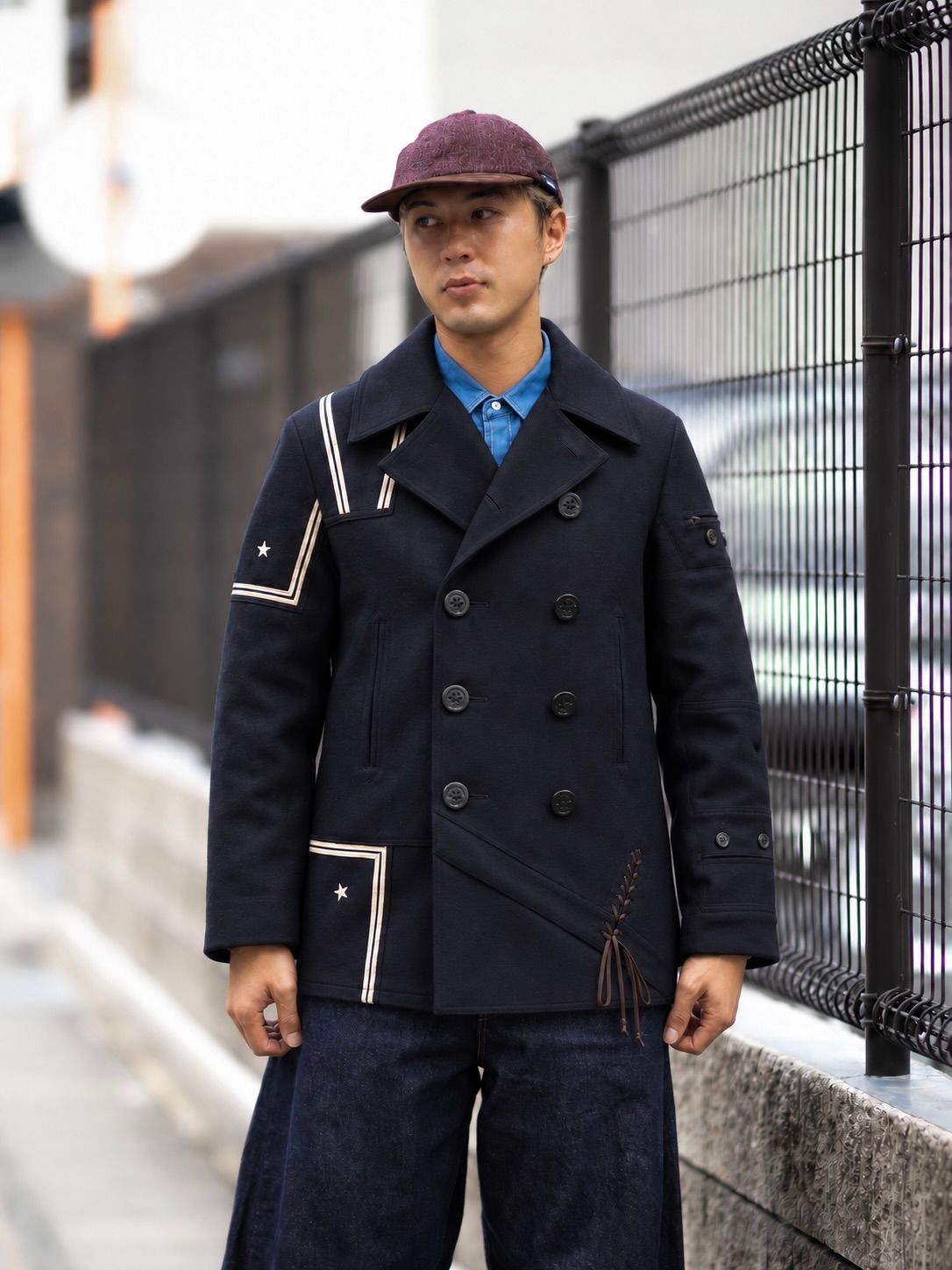 ジュンヤワタナベマン 26FW ウールナイロンメルトン NEEDLES Wネーム Pコート (WR-J105-051)NAVY☆10月2日(金)発売！
